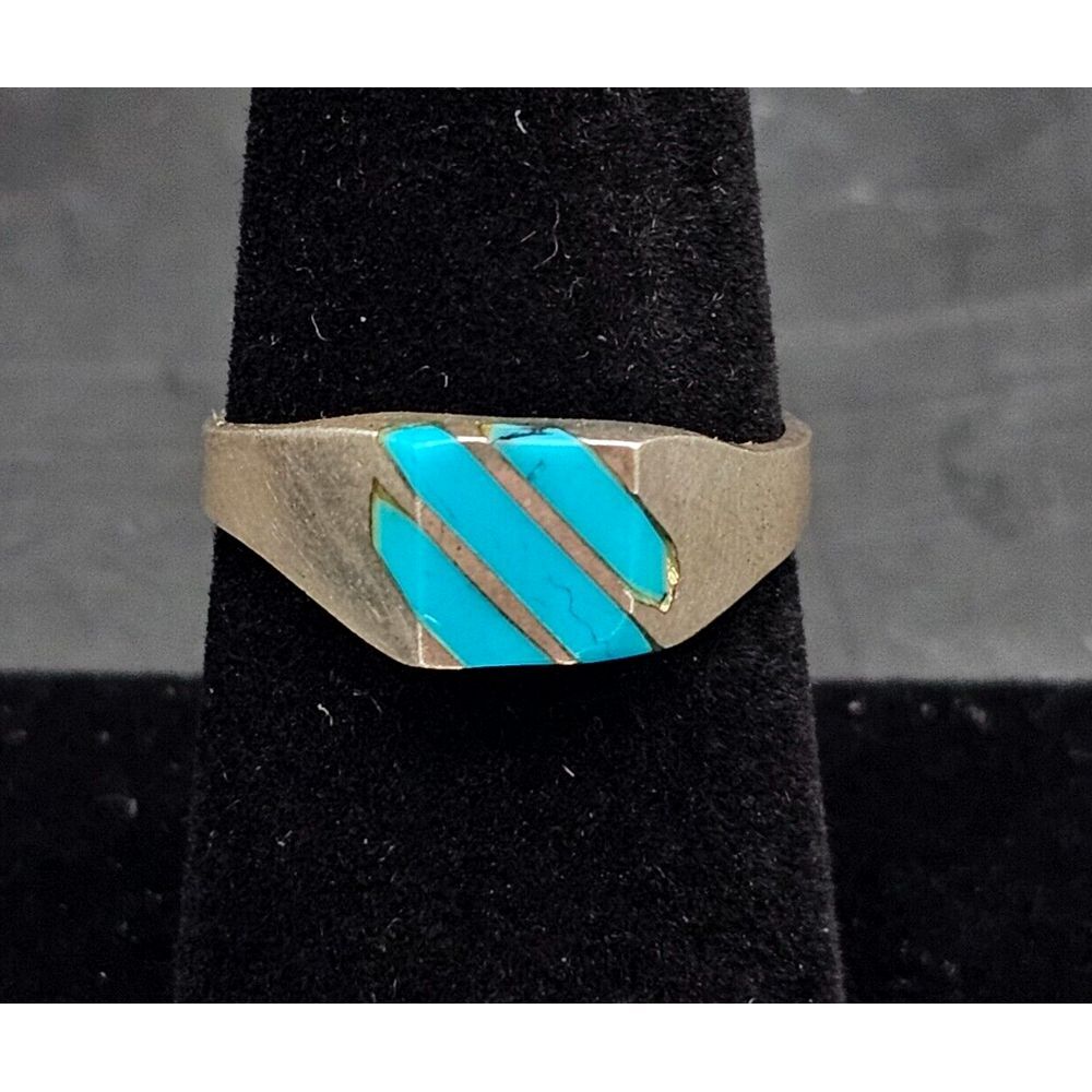 Sterling Silver Turquoise Inlay Striped Ring Southwestern‎ SIZE 7.75